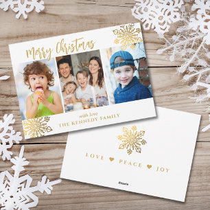White & Gold SnowFlake 3 Photo Collage Christmas  Holiday Card