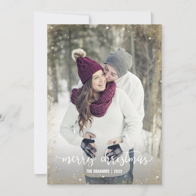 White Gold Snowflake Photo Merry Christmas Cards (Front)