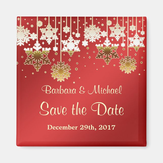 White gold snowflakes on red Save the Date Magnet (Front)