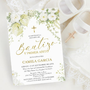 White & Gold Spanish Bautizo y Primer Anito Invitation