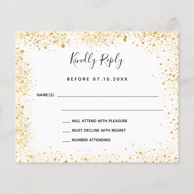 White gold sparkles budget wedding RSVP (Front)