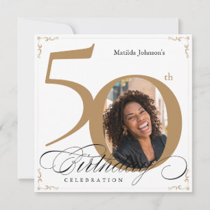 White Gold Square 50th Birthday Calligraphy Photo Invitation