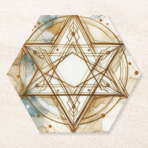 White Gold Star Of David, Alcohol Ink Watercolor Paper Coaster