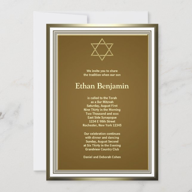 White Gold Star of David Bar Mitzvah Invitation (Front)