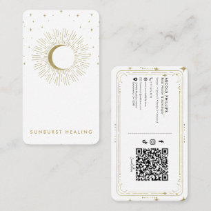 White & Gold Stars Celestial Sunburst Moon QR  Business Card