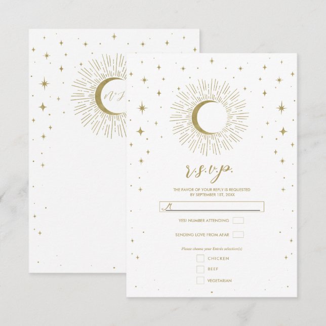 White & Gold Stars Celestial Sunburst Moon RSVP Card (Front/Back)