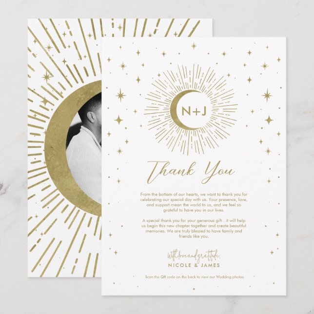 White Gold Stars Celestial Sunburst Moon Thank You Invitation (Front/Back)