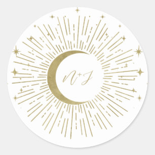 White & Gold Stars Celestial Sunburst Moon Wedding Classic Round Sticker