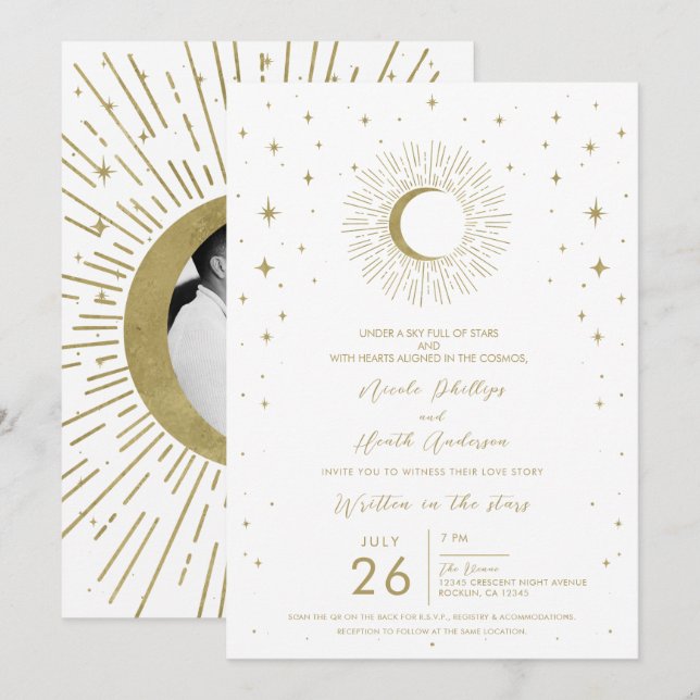 White & Gold Stars Celestial Sunburst Moon Wedding Invitation (Front/Back)