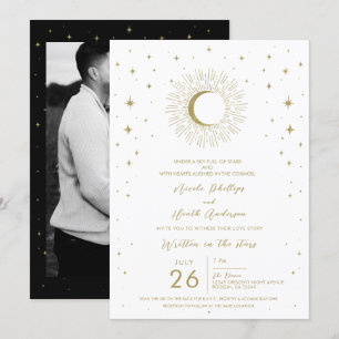White & Gold Stars Celestial Sunburst Moon Wedding Invitation