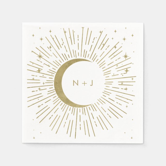White & Gold Stars Celestial Sunburst Moon Wedding Napkin (Front)