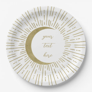 White & Gold Stars Celestial Sunburst Moon Wedding Paper Plate