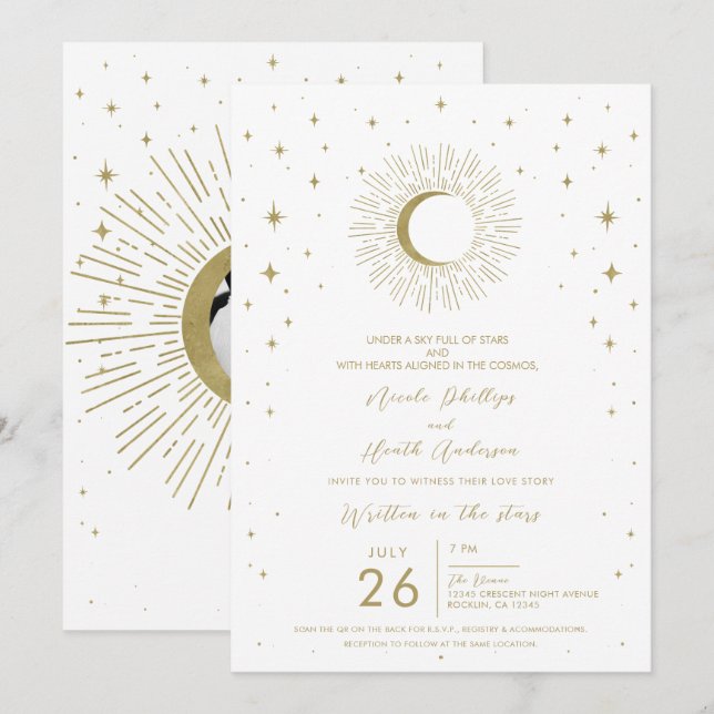 White Gold Stars Celestial Sunburst Photo Wedding Invitation (Front/Back)
