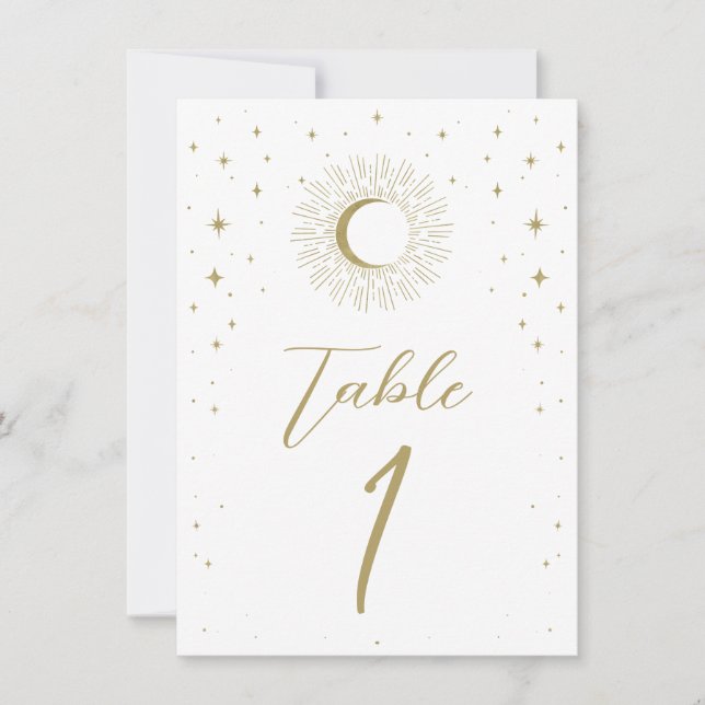 White Gold Stars Celestial Sunburst Table Number (Front)