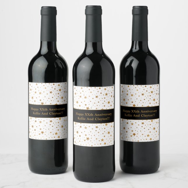 White/Gold Stars Message Wedding Anniversary Wine Label (Bottles)