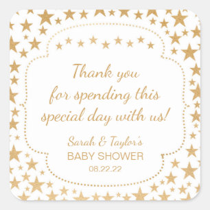 White Gold Stars Neutral Baby Shower favour sticke Square Sticker