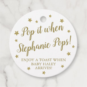 White & Gold Stars Pop It Baby Shower Champagne Favour Tags