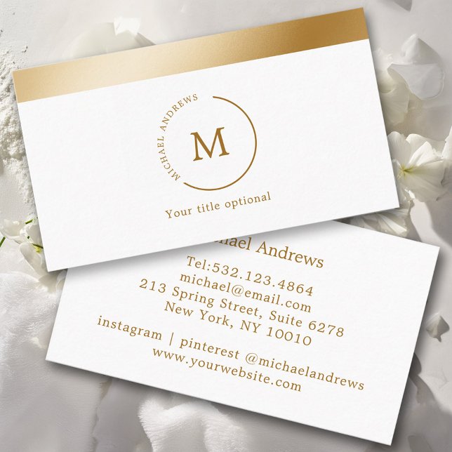 White Gold Stripe Monogramm Circle Business Card (Creator Uploaded)
