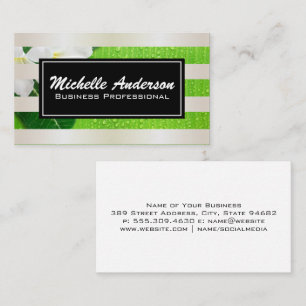 White Gold Stripes   Banana Leaf White Flowers Business Card