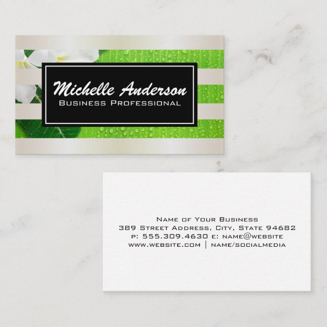 White Gold Stripes | Banana Leaf White Flowers Business Card (Front/Back)