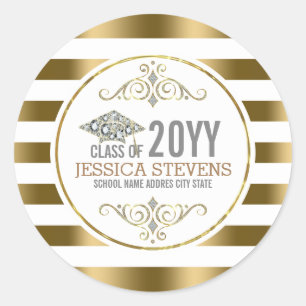 White & Gold Stripes With Glitter Graduation Hat Classic Round Sticker