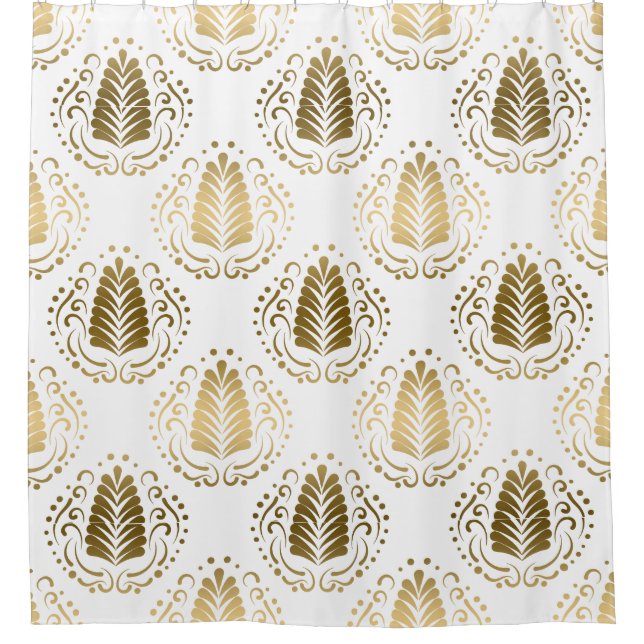 White & & Gold Stylised Damask Shower Curtain (Front)