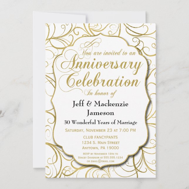 White Gold Swirl Anniversary Invitation Elegant (Front)