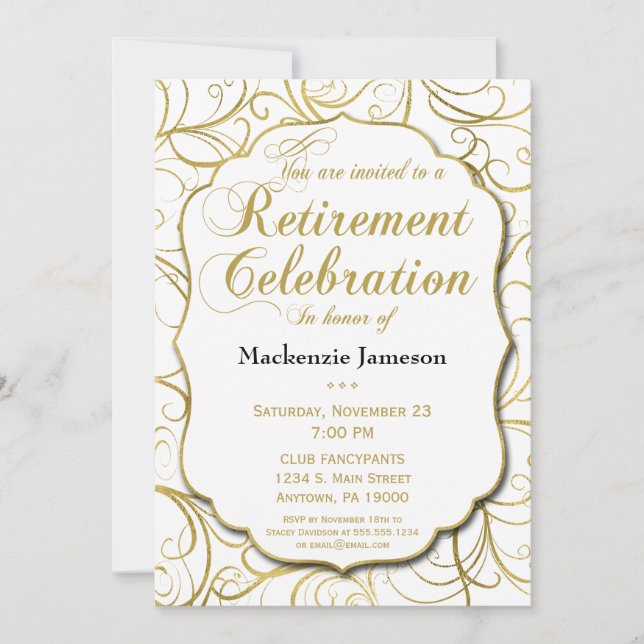 White Gold Swirl Retirement Invitation Elegant (Front)