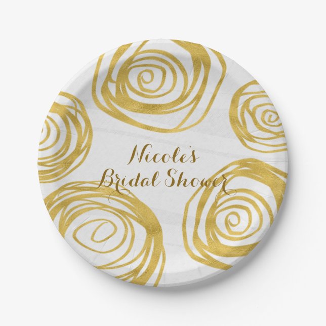 White & Gold Swirl Roses Modern Bridal Shower Paper Plate (Front)
