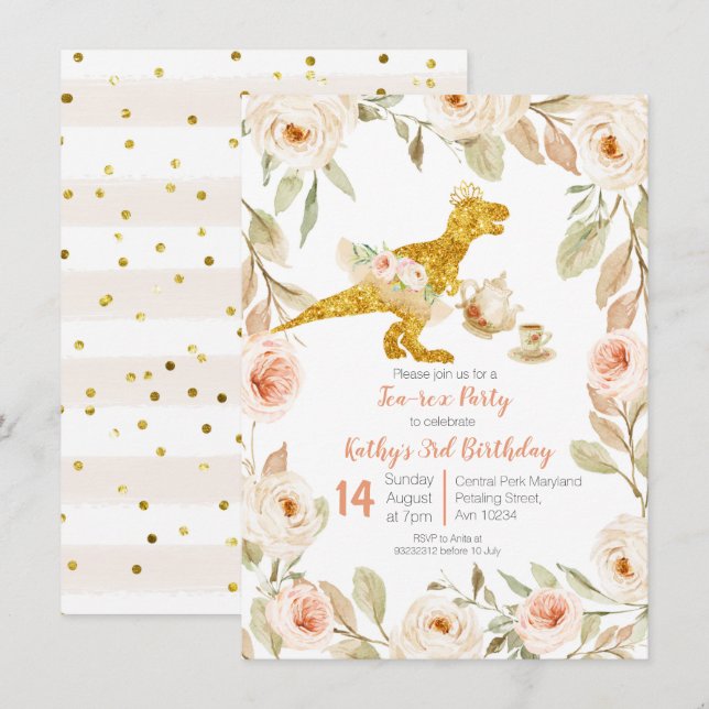 White Gold Tea Party Dinosaur 1st Birthday Invitation (Front/Back)