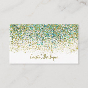 White Gold & Teal Blue Glitter Modern Coastal Glam Business Card