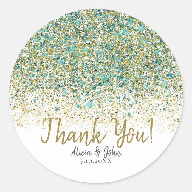 White Gold & Teal Blue Glitter Modern Coastal Glam Classic Round Sticker (Front)
