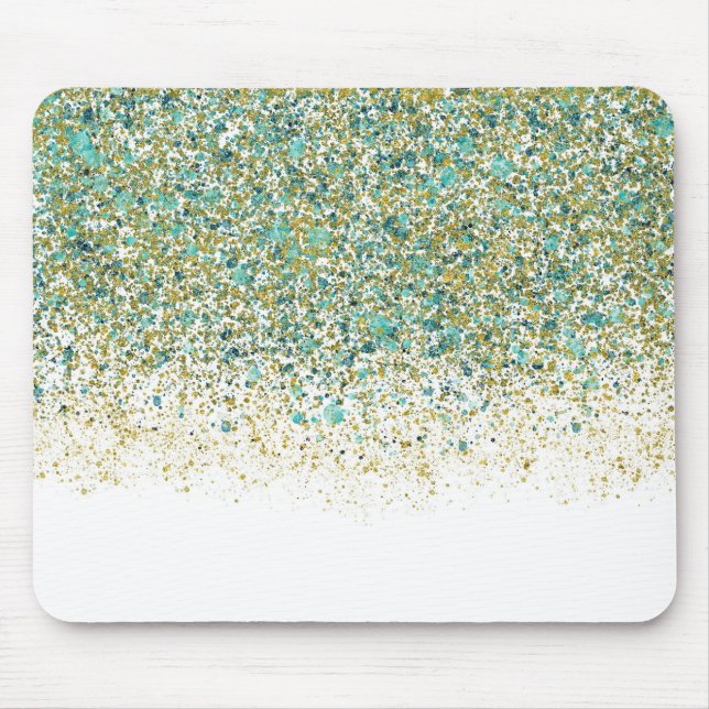 White Gold & Teal Blue Glitter Modern Coastal Glam Mouse Mat (Front)