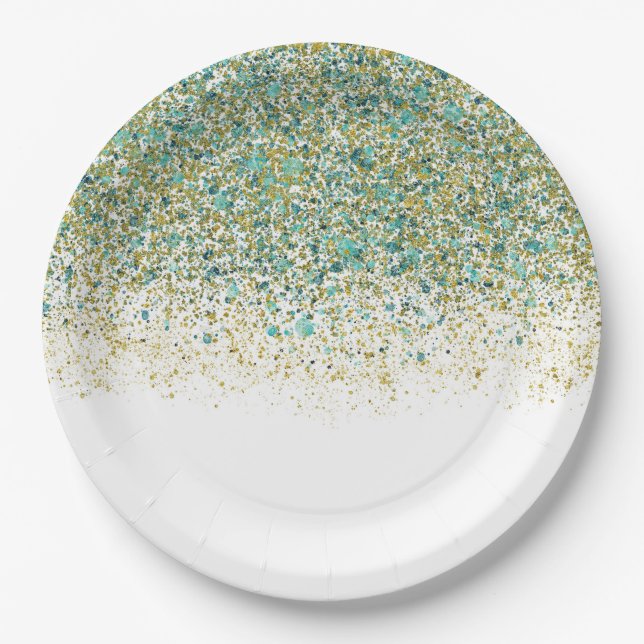 White Gold & Teal Blue Glitter Modern Coastal Glam Paper Plate (Front)