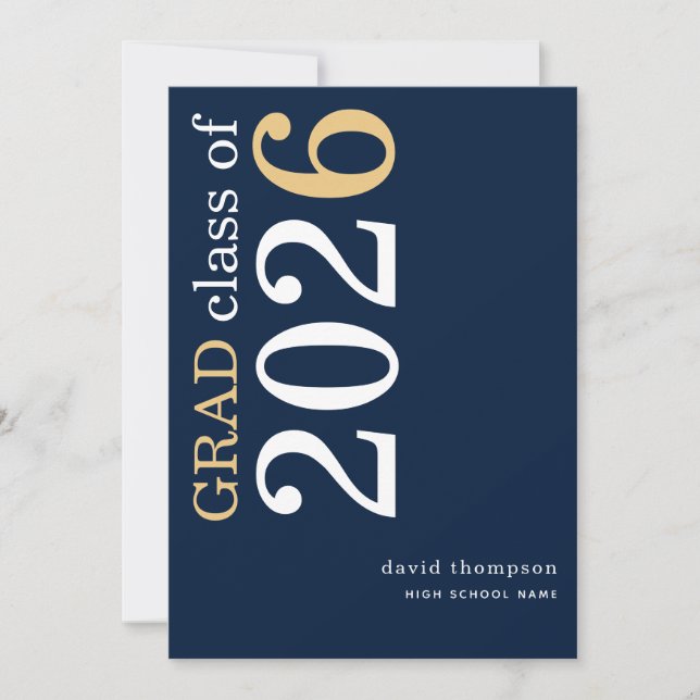 White Gold Text 2026 Navy Blue Graduation  Announcement (Front)