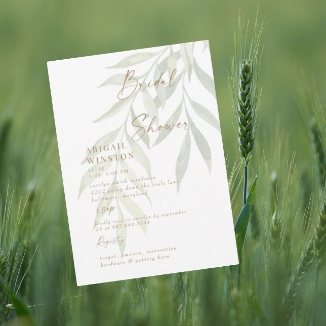 White Gold Text Greenery Modern Bridal Shower Invitation (Creator Uploaded)