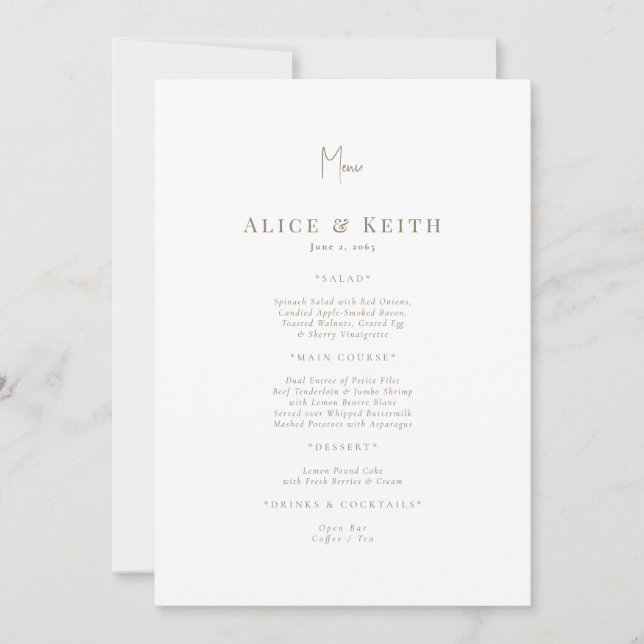 White Gold Text Wedding Menu Invitation (Front)