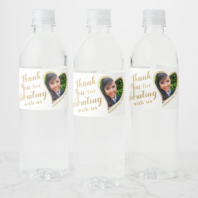 White Gold Thank You Grad Photo 2025 Graduation Water Bottle Label (Bottles)