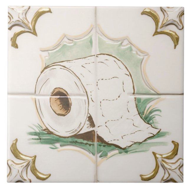 White & Gold Toilet Paper Roll Funny Bathroom Tile (Front)