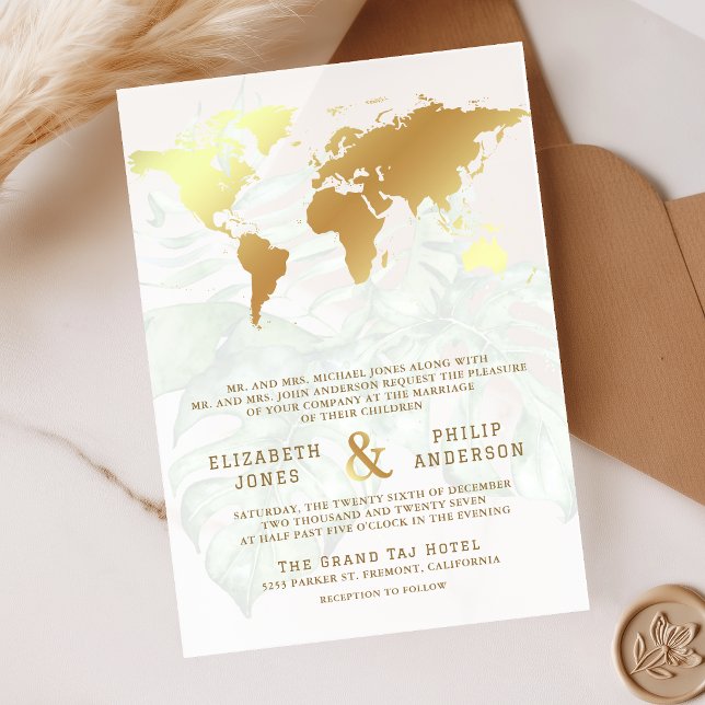 White Gold Tropical Destination World Map Wedding Acrylic Invitations (Creator Uploaded)