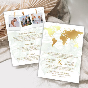 White Gold Tropical Destination World Map Wedding Invitation
