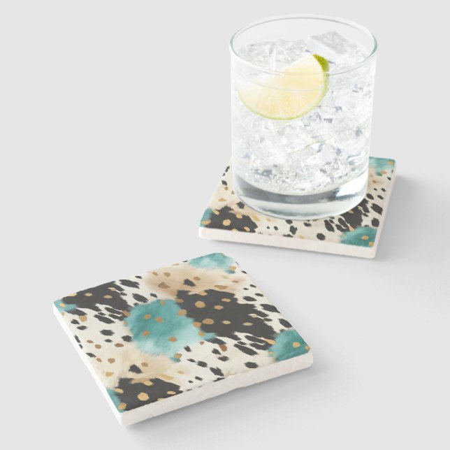 White Gold Turquoise Black Cowhide Name Stone Coaster (Side)