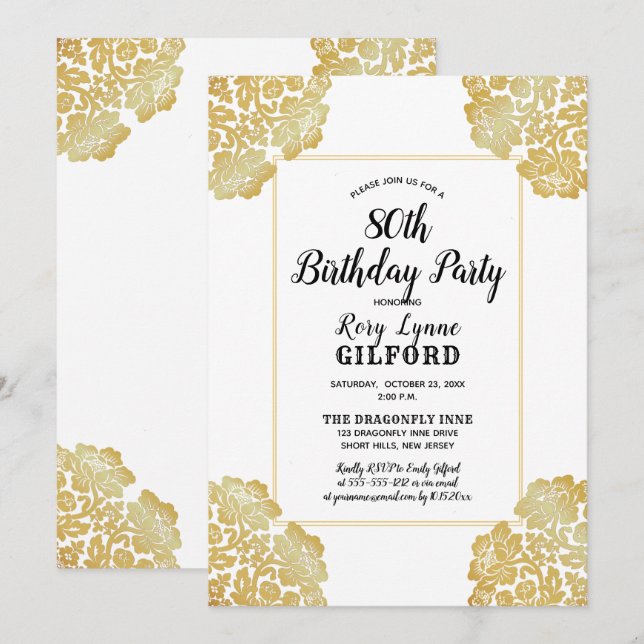 White | Gold Victorian Lace 80th Birthday Party Invitation (Front/Back)