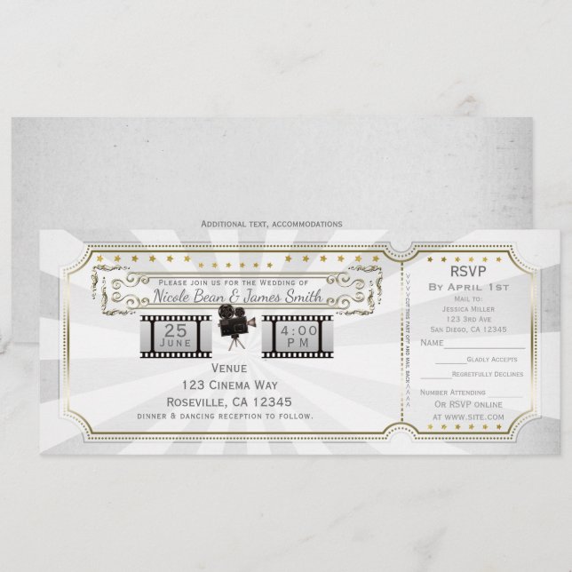 White Gold Vintage Cinema Wedding Ticket & RSVP Invitation (Front/Back)