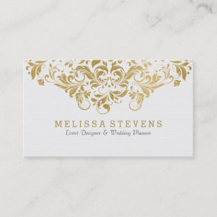 White & Gold Vintage Floral Swirls Lace Business Card