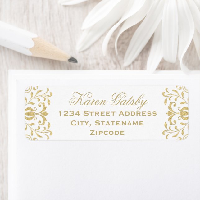 White Gold Vintage Glamour Wedding Return Address (Insitu)