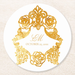 White & Gold Vintage Monogram Crest Wedding Logo Round Paper Coaster