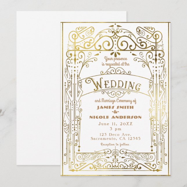 White & Gold Vintage Victorian Deco Wedding Invitation (Front/Back)