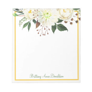 White Gold Watercolor Floral Name Personalise Notepad