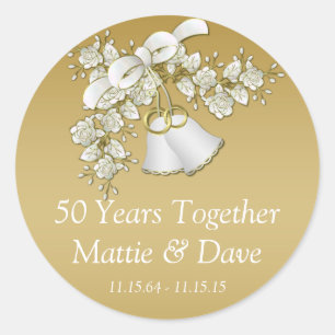 White Gold Wedding Bells Flowers 50th Anniversary Classic Round Sticker